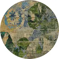 Photo of 8' Round Taupe Blue and Green Round Floral Washable Non Skid Indoor Outdoor Area Rug