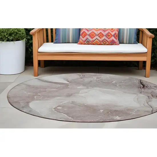 Taupe Round Abstract Washable Non Skid Indoor Outdoor Area Rug Photo 1