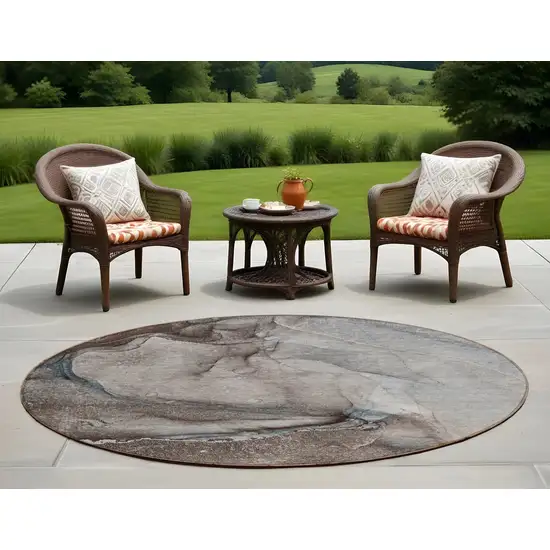 8' Round Taupe Round Abstract Washable Non Skid Indoor Outdoor Area Rug Photo 1