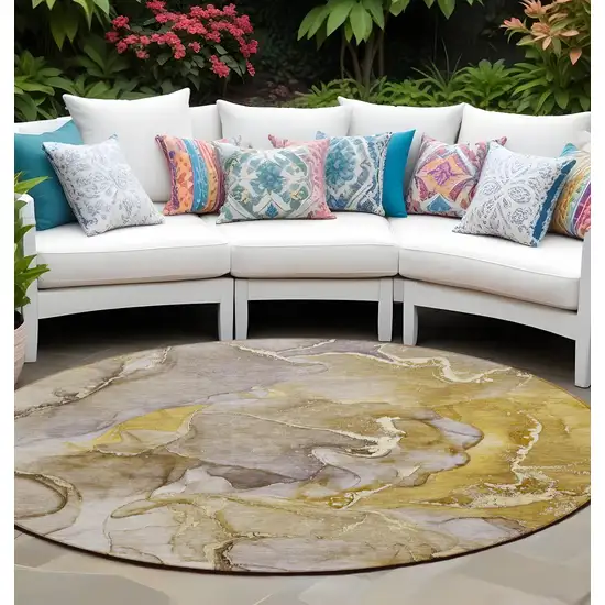 8' Round Taupe Round Abstract Washable Non Skid Indoor Outdoor Area Rug Photo 1