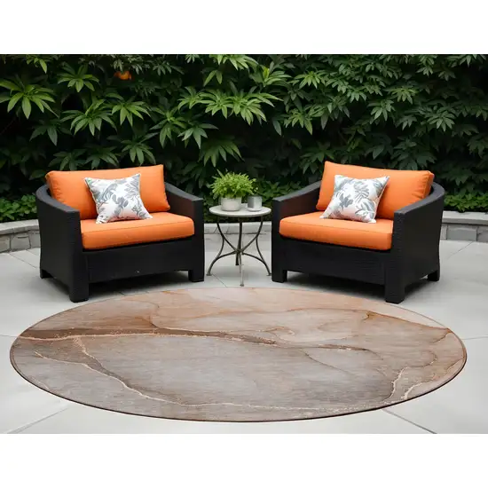 Taupe Round Abstract Washable Non Skid Indoor Outdoor Area Rug Photo 1