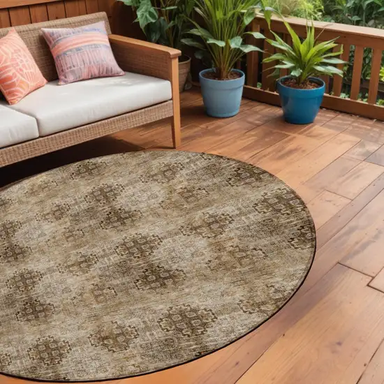 Taupe Round Floral Medallion Washable Non Skid Indoor Outdoor Area Rug Photo 1