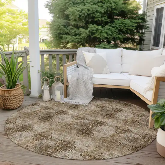 Taupe Round Floral Medallion Washable Non Skid Indoor Outdoor Area Rug Photo 6