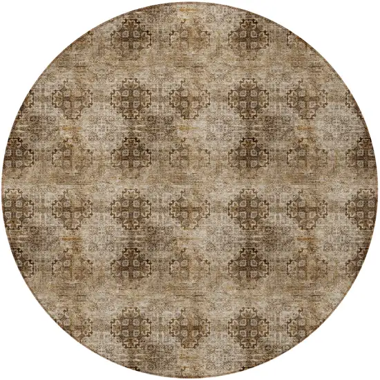 8' Round Taupe Round Floral Medallion Washable Non Skid Indoor Outdoor Area Rug Photo 3