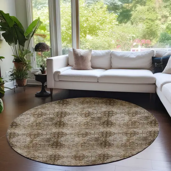 8' Round Taupe Round Floral Medallion Washable Non Skid Indoor Outdoor Area Rug Photo 7