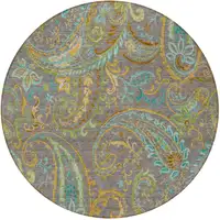 Photo of 8' Round Taupe Round Paisley Washable Non Skid Indoor Outdoor Area Rug