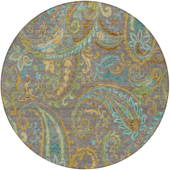 8' Round Taupe Round Paisley Washable Non Skid Indoor Outdoor Area Rug Photo 4