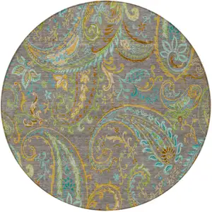 Photo of 8' Round Taupe Round Paisley Washable Non Skid Indoor Outdoor Area Rug