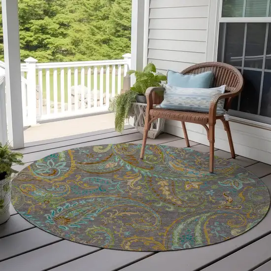 8' Round Taupe Round Paisley Washable Non Skid Indoor Outdoor Area Rug Photo 9