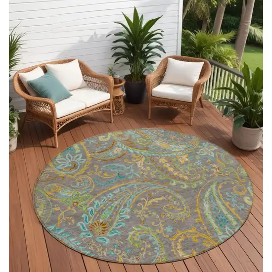 8' Round Taupe Round Paisley Washable Non Skid Indoor Outdoor Area Rug Photo 1