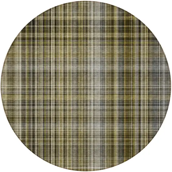 8' Round Taupe Round Plaid Washable Non Skid Indoor Outdoor Area Rug Photo 2