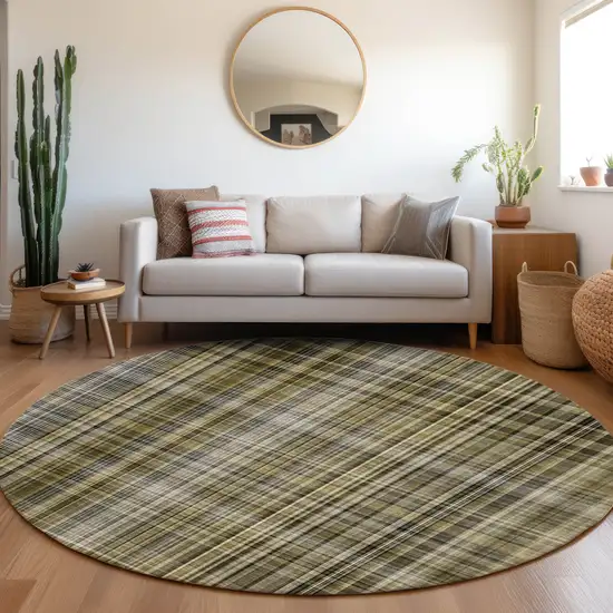 8' Round Taupe Round Plaid Washable Non Skid Indoor Outdoor Area Rug Photo 7