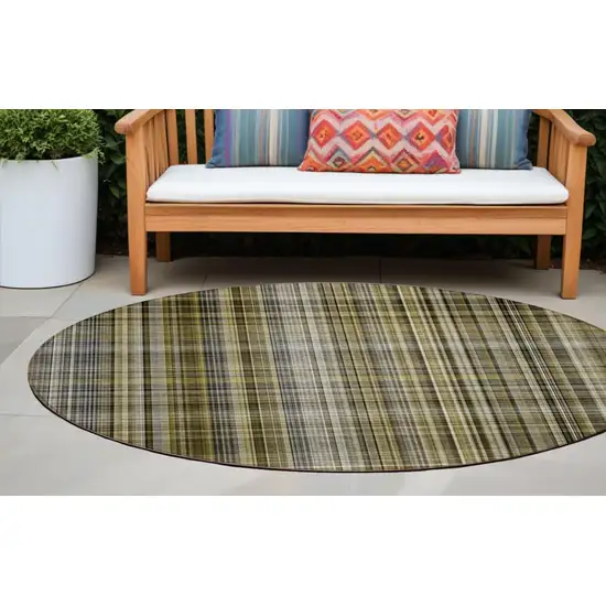 Green Beige and Gray Round Plaid Washable Non Skid Indoor Outdoor Area Rug Photo 1