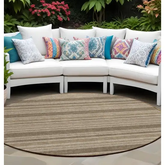 Taupe Round Striped Washable Indoor Outdoor Area Rug Photo 1