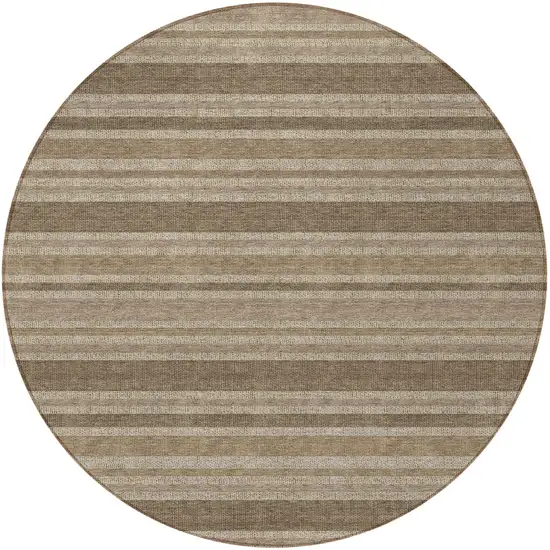 8' Round Taupe Round Striped Washable Non Skid Indoor Outdoor Area Rug Photo 2