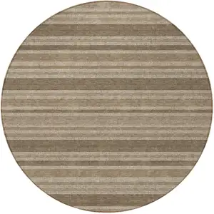 Photo of 8' Round Taupe Round Striped Washable Non Skid Indoor Outdoor Area Rug