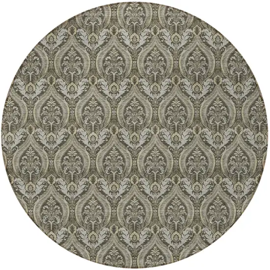 Taupe and Beige Round Damask Washable Non Skid Indoor Outdoor Area Rug Photo 4