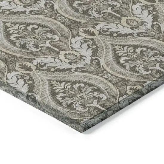 Taupe and Beige Round Damask Washable Non Skid Indoor Outdoor Area Rug Photo 7