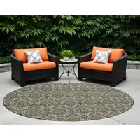 Photo of 8' Round Taupe and Beige Round Damask Washable Non Skid Indoor Outdoor Area Rug