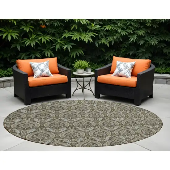 8' Round Taupe and Beige Round Damask Washable Non Skid Indoor Outdoor Area Rug Photo 1