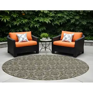 Photo of 8' Round Taupe and Beige Round Damask Washable Non Skid Indoor Outdoor Area Rug