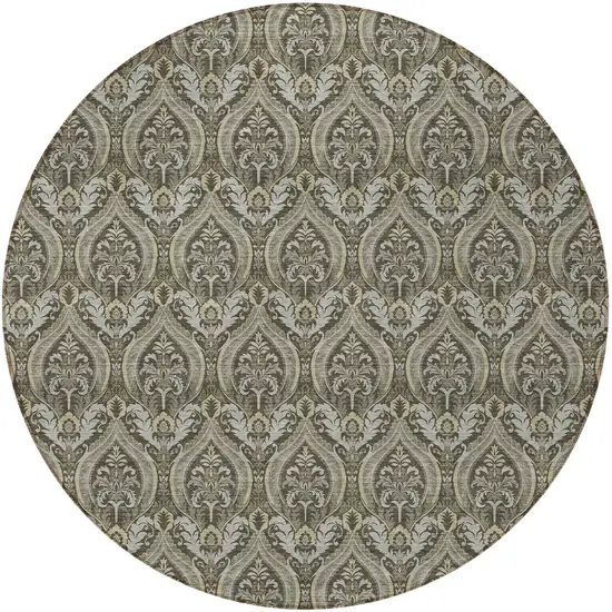 8' Round Taupe and Beige Round Damask Washable Non Skid Indoor Outdoor Area Rug Photo 5