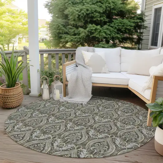 8' Round Taupe and Beige Round Damask Washable Non Skid Indoor Outdoor Area Rug Photo 8