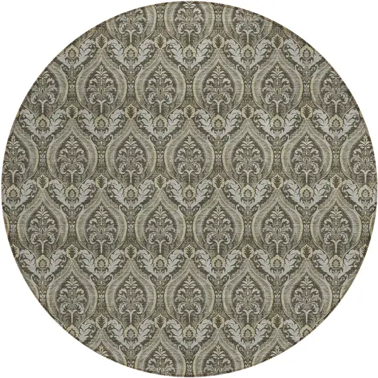 8' Round Taupe and Beige Round Damask Washable Non Skid Indoor Outdoor Area Rug Photo 2