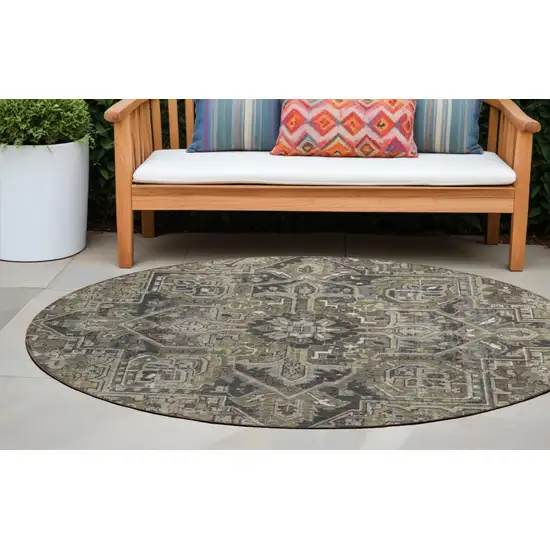 8' Round Taupe and Dark Taupe Round Oriental Washable Non Skid Indoor Outdoor Area Rug Photo 1