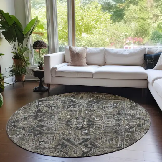 8' Round Taupe and Dark Taupe Round Oriental Washable Non Skid Indoor Outdoor Area Rug Photo 9