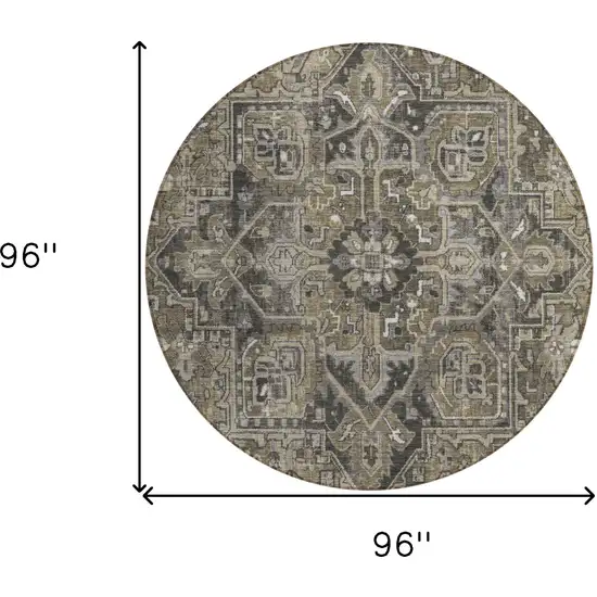 8' Round Taupe and Dark Taupe Round Oriental Washable Non Skid Indoor Outdoor Area Rug Photo 3