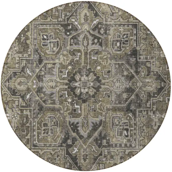 8' Round Taupe and Dark Taupe Round Oriental Washable Non Skid Indoor Outdoor Area Rug Photo 5