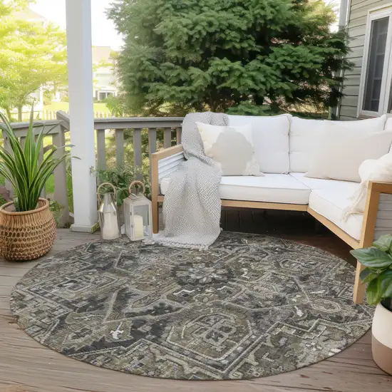 8' Round Taupe and Dark Taupe Round Oriental Washable Non Skid Indoor Outdoor Area Rug Photo 8