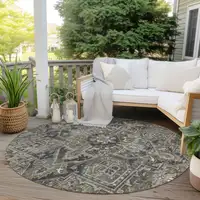 Photo of 8' Round Taupe and Dark Taupe Round Oriental Washable Non Skid Indoor Outdoor Area Rug