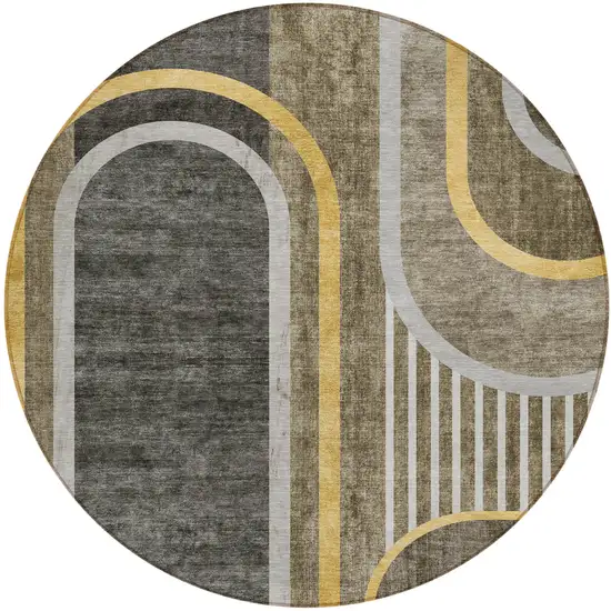 Gray Green and Gold Round Abstract Washable Non Skid Indoor Outdoor Area Rug Photo 2