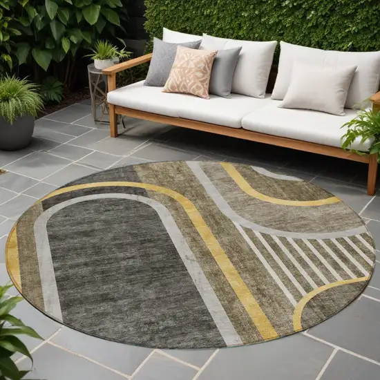 Gray Green and Gold Round Abstract Washable Non Skid Indoor Outdoor Area Rug Photo 1