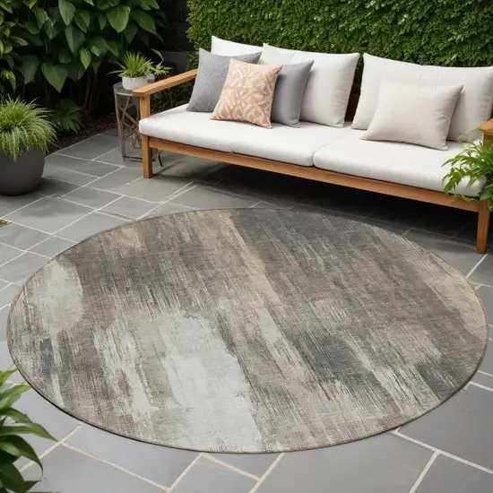 8' Round Taupe and Gray Round Abstract Washable Non Skid Indoor Outdoor Area Rug Photo 1