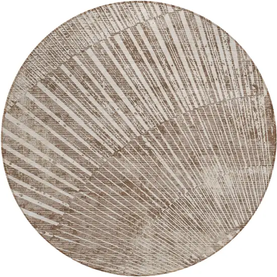 Taupe and Ivory Round Abstract Washable Non Skid Indoor Outdoor Area Rug Photo 2