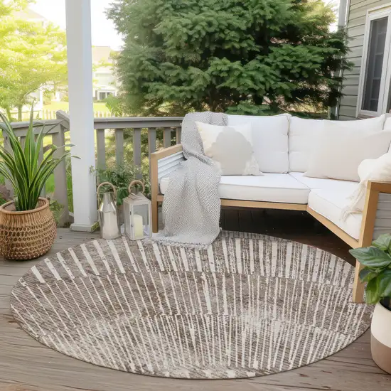 8' Round Taupe and Ivory Round Abstract Washable Non Skid Indoor Outdoor Area Rug Photo 9