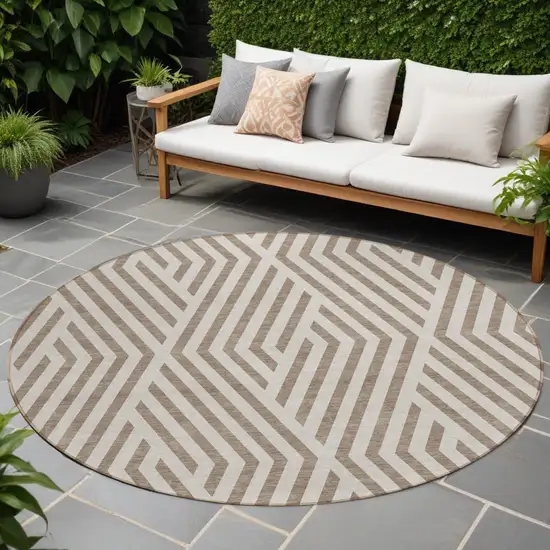 Taupe and Ivory Round Geometric Washable Non Skid Indoor Outdoor Area Rug Photo 1