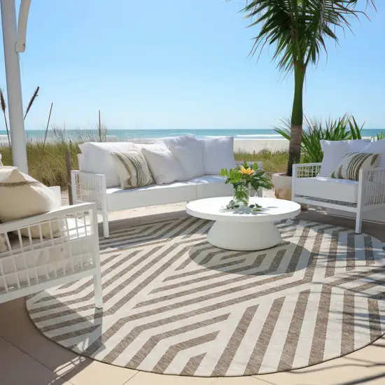 Taupe and Ivory Round Geometric Washable Non Skid Indoor Outdoor Area Rug Photo 8