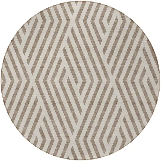 8' Round Taupe and Ivory Round Geometric Washable Non Skid Indoor Outdoor Area Rug Photo 5