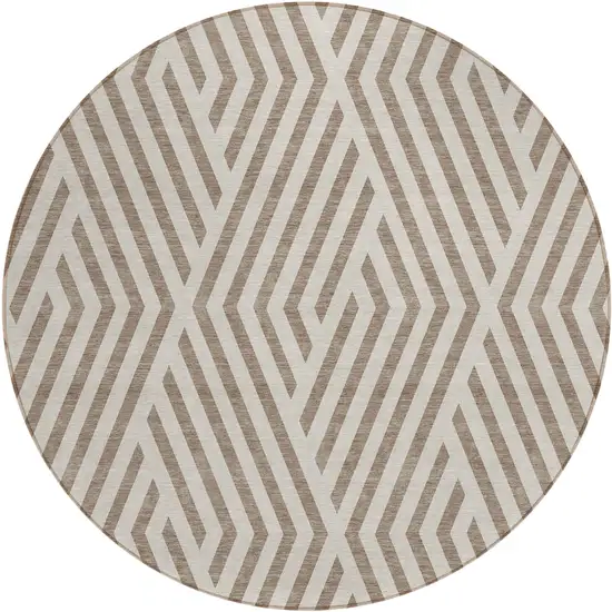 8' Round Taupe and Ivory Round Geometric Washable Non Skid Indoor Outdoor Area Rug Photo 2