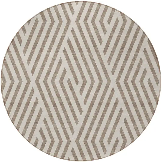 Taupe and Ivory Round Geometric Washable Non Skid Indoor Outdoor Area Rug Photo 4