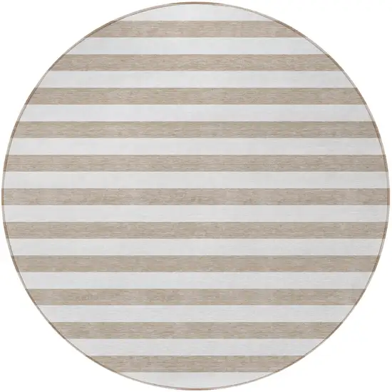 8' Round Taupe and White Round Striped Washable Non Skid Indoor Outdoor Area Rug Photo 3