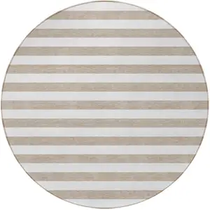 Photo of 8' Round Taupe and White Round Striped Washable Non Skid Indoor Outdoor Area Rug