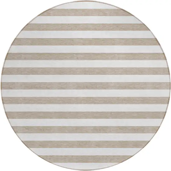 Taupe and White Round Striped Washable Indoor Outdoor Area Rug Photo 2