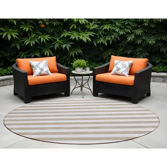 Taupe and White Round Striped Washable Indoor Outdoor Area Rug Photo 1