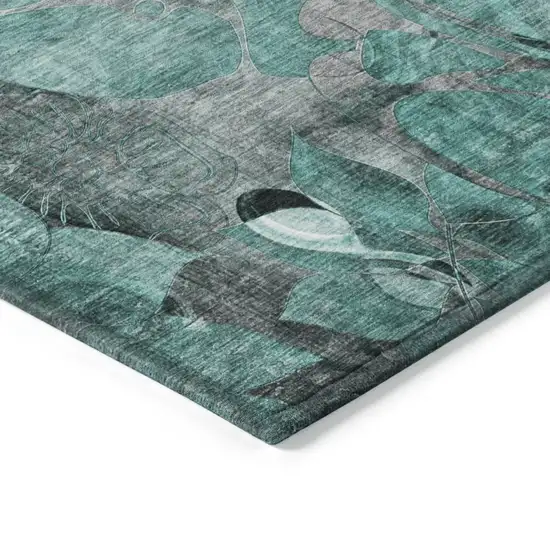 Teal Black and Gray Round Abstract Washable Indoor Outdoor Area Rug Photo 5