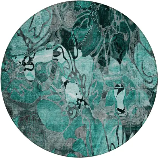 Teal Black and Gray Round Abstract Washable Indoor Outdoor Area Rug Photo 2